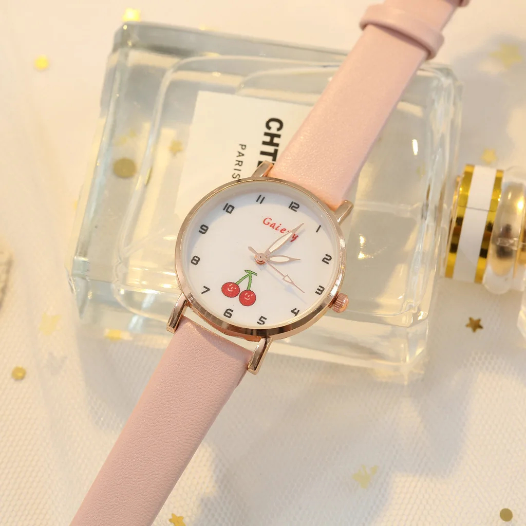 

2023 New Kids Watch Children Quartz PU Leather Strap Watches Lovely Cherry Elementary School Student Cute Girls Watch Reloj