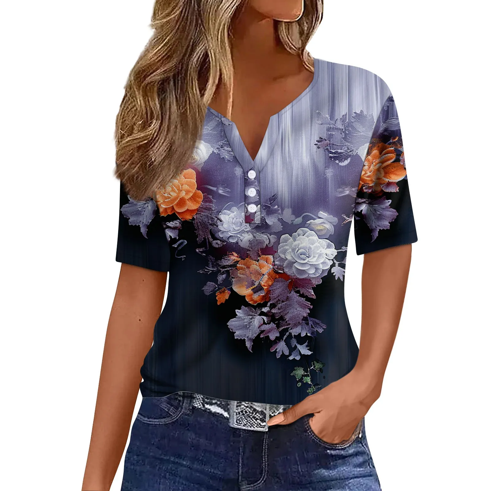 

Women'S Shirtee Print Button Short Sleeve Daily Weekend Fashion Basic V- Neck Regularop Female Clothing Woman Clothing 2024
