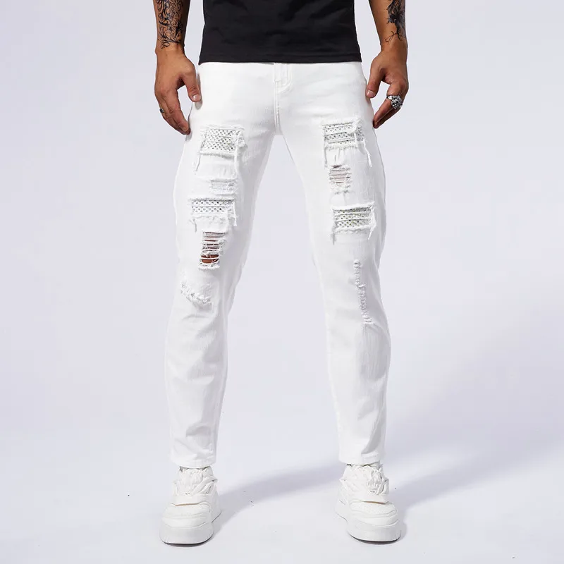 Stretch Rhinestone White Jeans Men Clothing 98% Cotton Ripped Slim Fashion Small Feet Hip Hop Male Denim Trousers Streetwear