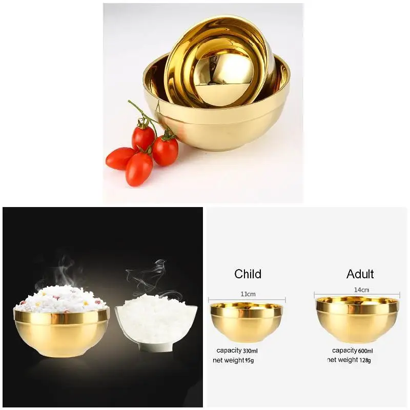Stainless Steel Gold Salad Bowl Thick Double-layer Heat Insulation Rice Noodles Noodles Bowl Kitchen Tableware Food Container