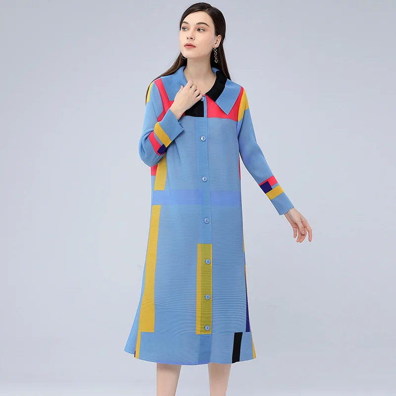 

Miyake Pleated Dress Women 2023 New Fashion Windbreaker Button Design Spring Summer Print Clash Color Women Clothing