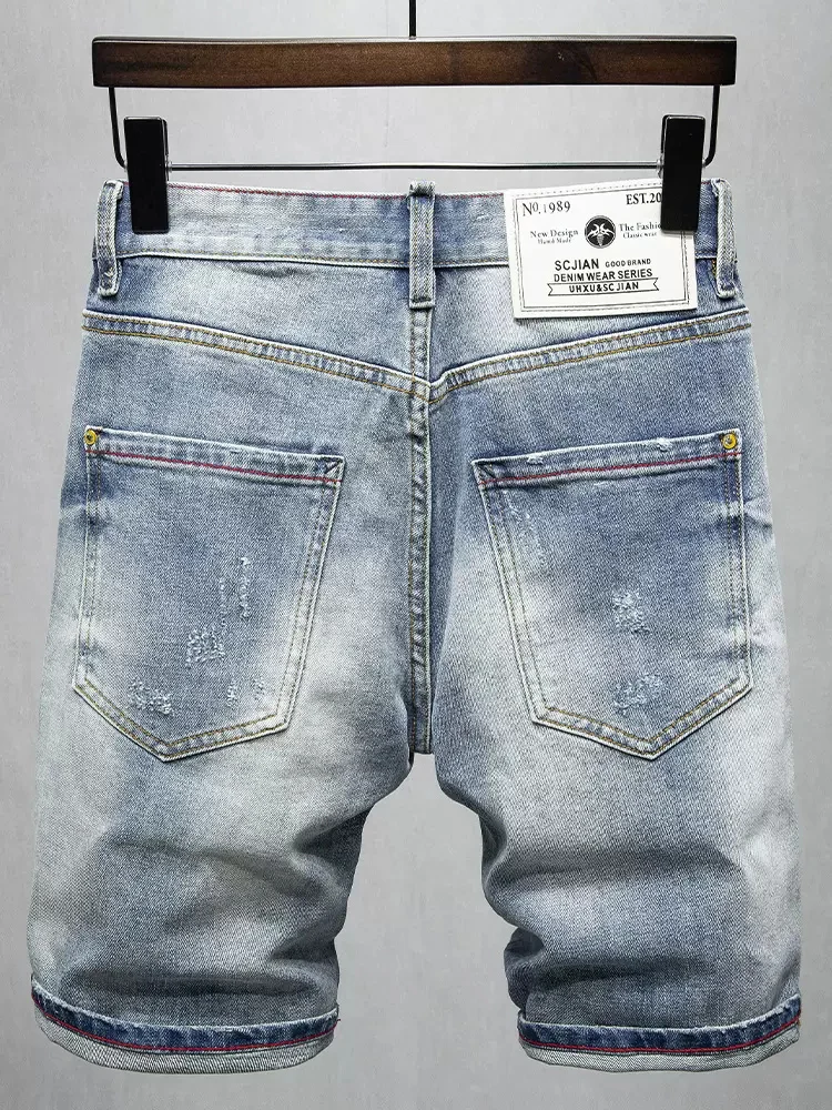 Summer Fashion Men Jeans Retro Light Blue Elastic Patched Ripped Short Jeans Homme Embroidery Designer Hip Hop Denim Shorts Men