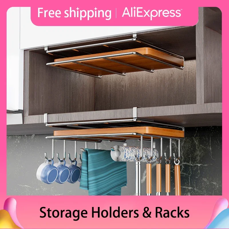 

Kitchen Wall Cabinet Hanging Storage Rack Stainless Steel Non Punch Cutting Board Rag Hanger Paper Towel Rack Pot Cover Storage