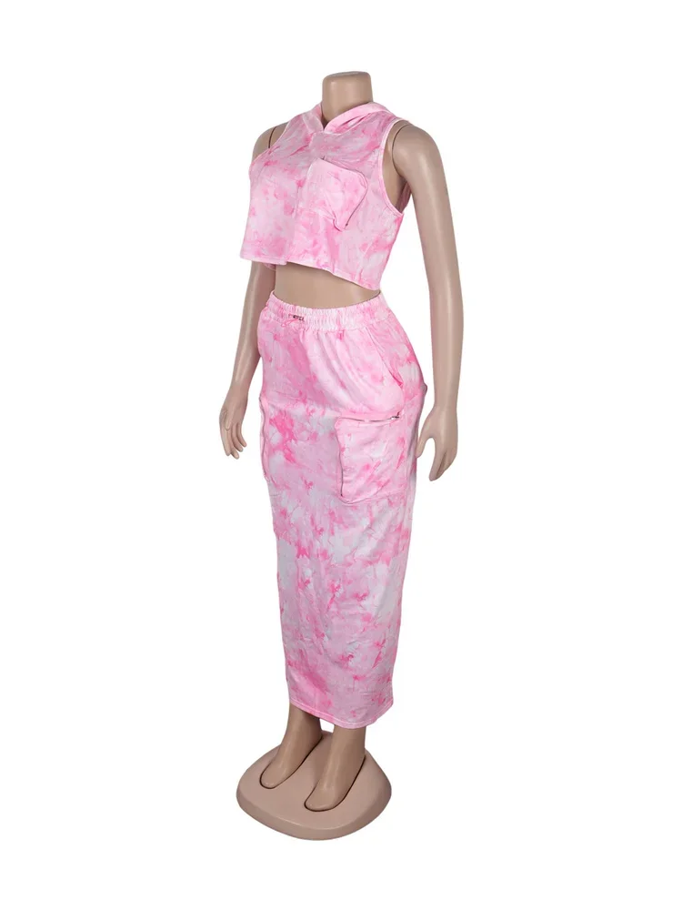 Wmstar Skirts Sets Summer Holiday Sexy Two Piece Set Women Tie Dye Hoodies Crop Top and Maxi Skirt Wholesale Dropshipping 2024