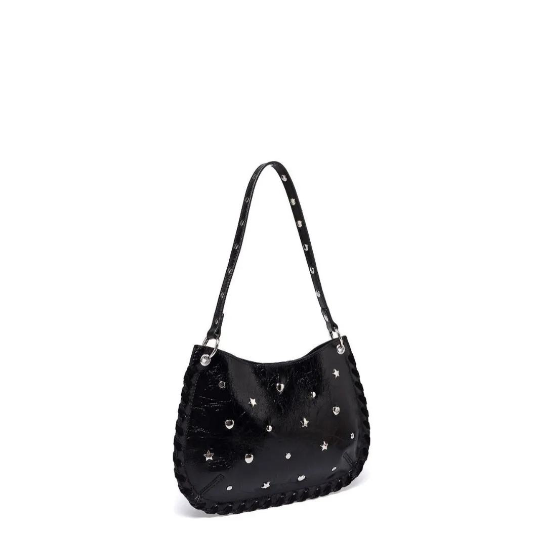 Vintage Soft Leather Rivet Design Women Shoulder Bags 2025 Spring Trend Solid Color Tote Bag All Match Female Handbags