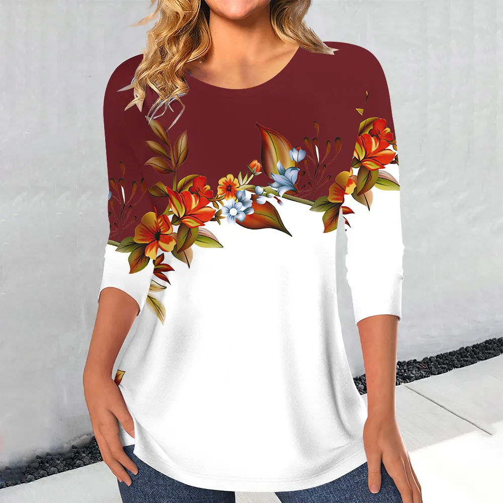 Women's Casual Rose Print T Shirt For Women Elegant Fashion Female Clothes Streetwear Vintage Long Sleeve Loose Tops Oversized 4