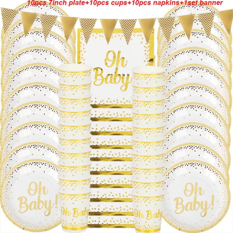oh baby shower party suprimentos talheres conjunto ouro oh bebê aniversário placas de papel copo menino menina gênero revelar festa decoração