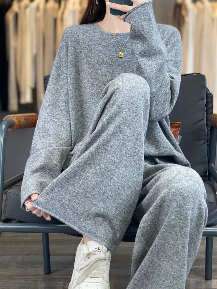 Women's matching set 100% Merino wool round neck sweater elastic waist pants two-piece set knitted casual loose women's clothing 4