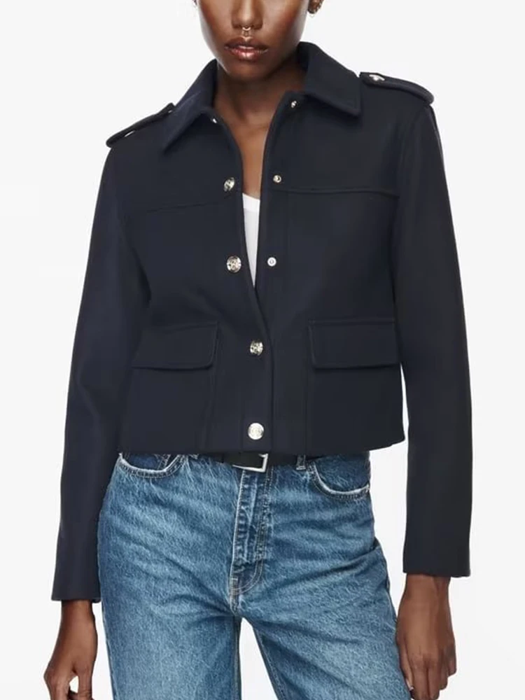 

TRAF Women’s Autumn Winter Solid Jacket 2023 Casual Long Sleeved Coat Fashion Lapel Single-Breasted Jacket Short Overcoat