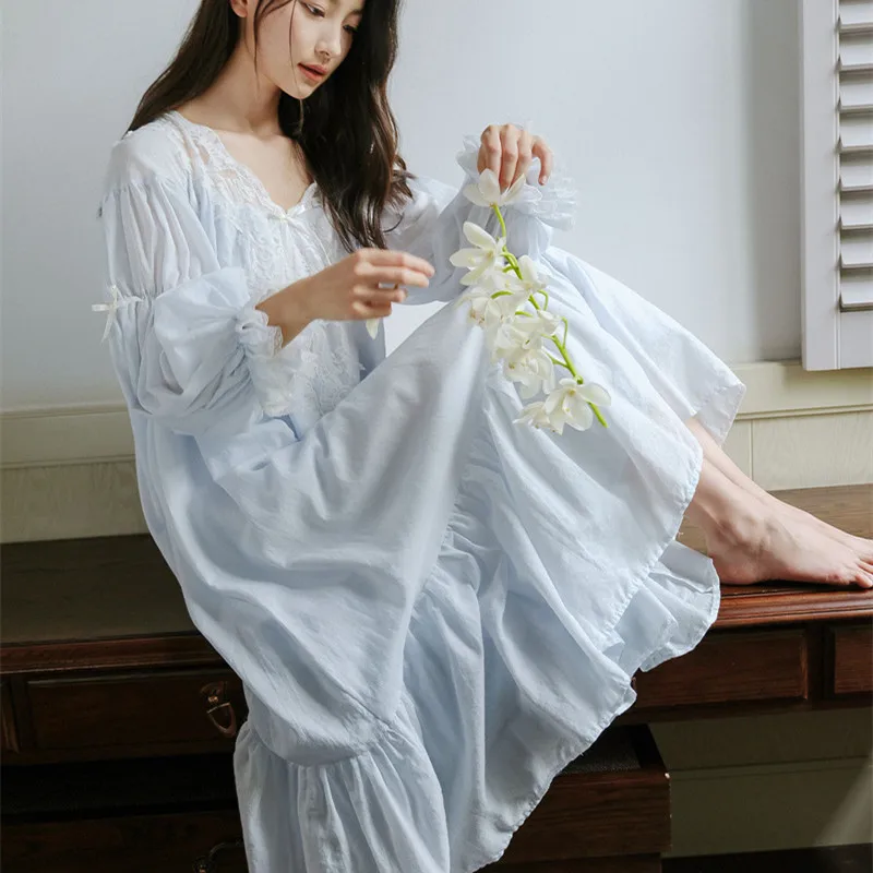 Vintage Embroidery Cotton Women's Long Nightgowns Luxury Lace