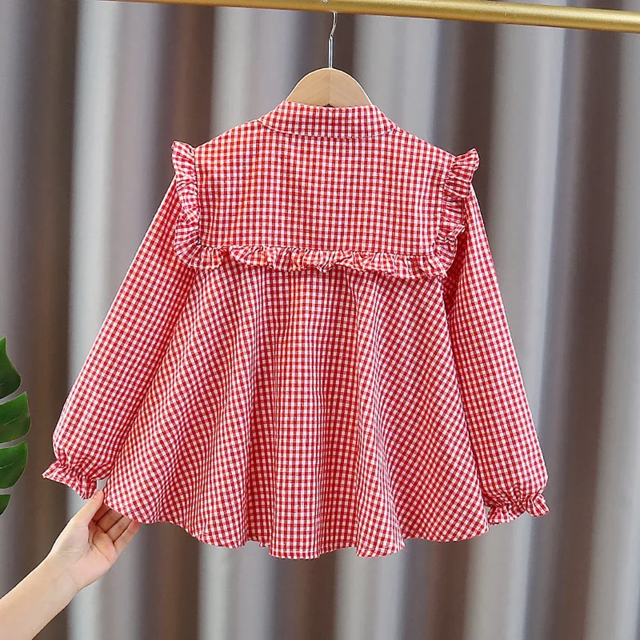 Girl's shirt Spring and Autumn children's long sleeved plaid shirt Youth casual bottom 3-12 years old blouse