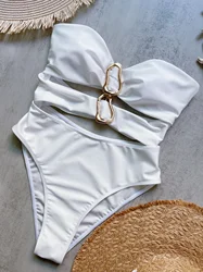 Sleek Metallic Cut-Out Bandeau Women's One-Piece Swimsuit - L (B027D)