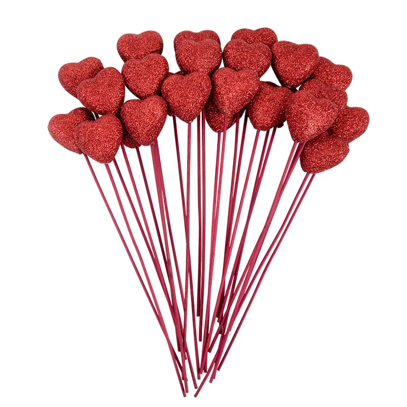 10Pcs Glitter Foam Heart Picks Stick for Mother's Day Gift Vase Decoration Birthday Party Cake Toppers Wedding Flower Bouquet