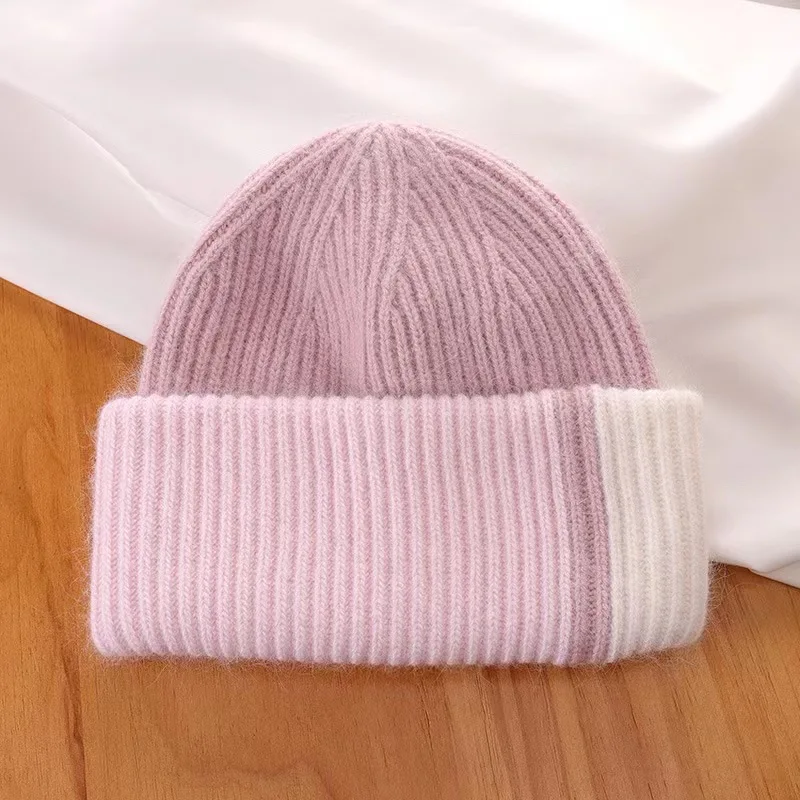 Knitted Beanie Hat For Women Warm Winter Rabbit Fur Patchwork_voghion.com