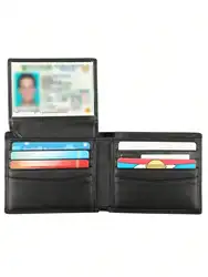 Elegant Black Cowhide Leather Bifold Wallet for Men - RFID Blocking with Dual ID Windows (Black)