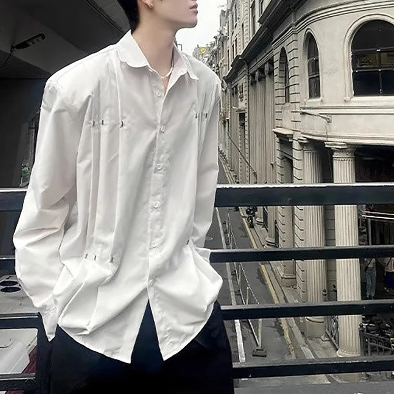 Fall Winter Metal Rivets Pleated Long Sleeve Men Shirt Fashion Harajuku Personality 2xl Oversized Clothing Top Work Office White