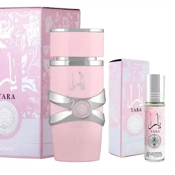 Profumo Yara mutafa e confezione roll-on, profumi arabi da donna, più economici acquistati insieme. Profumi portati da Dubai, l'odore alla moda molto duraturo del profumo dolce intenso