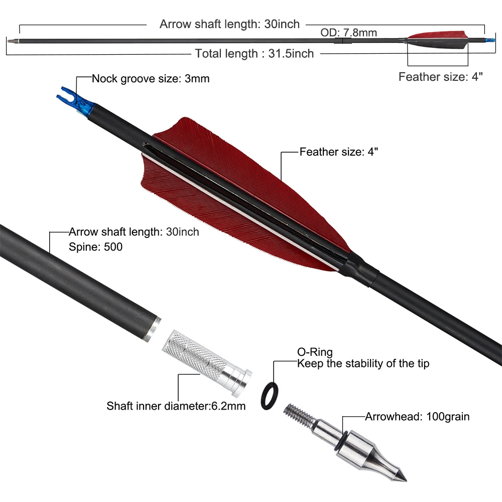 Archery Arrows 31.5inch Carbon with Natural Feather Spine 500 ID 6.2mm for Outdoor Archery Hunting