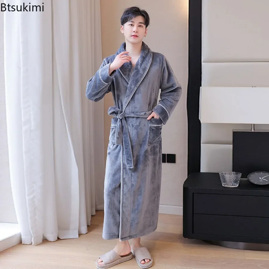 2024 Men's Autumn Winter Thicken Flannel Robes Dress V Neck Warm Bathrobe Men Couple Casual Comfortable Robe Dress for Sleepwear