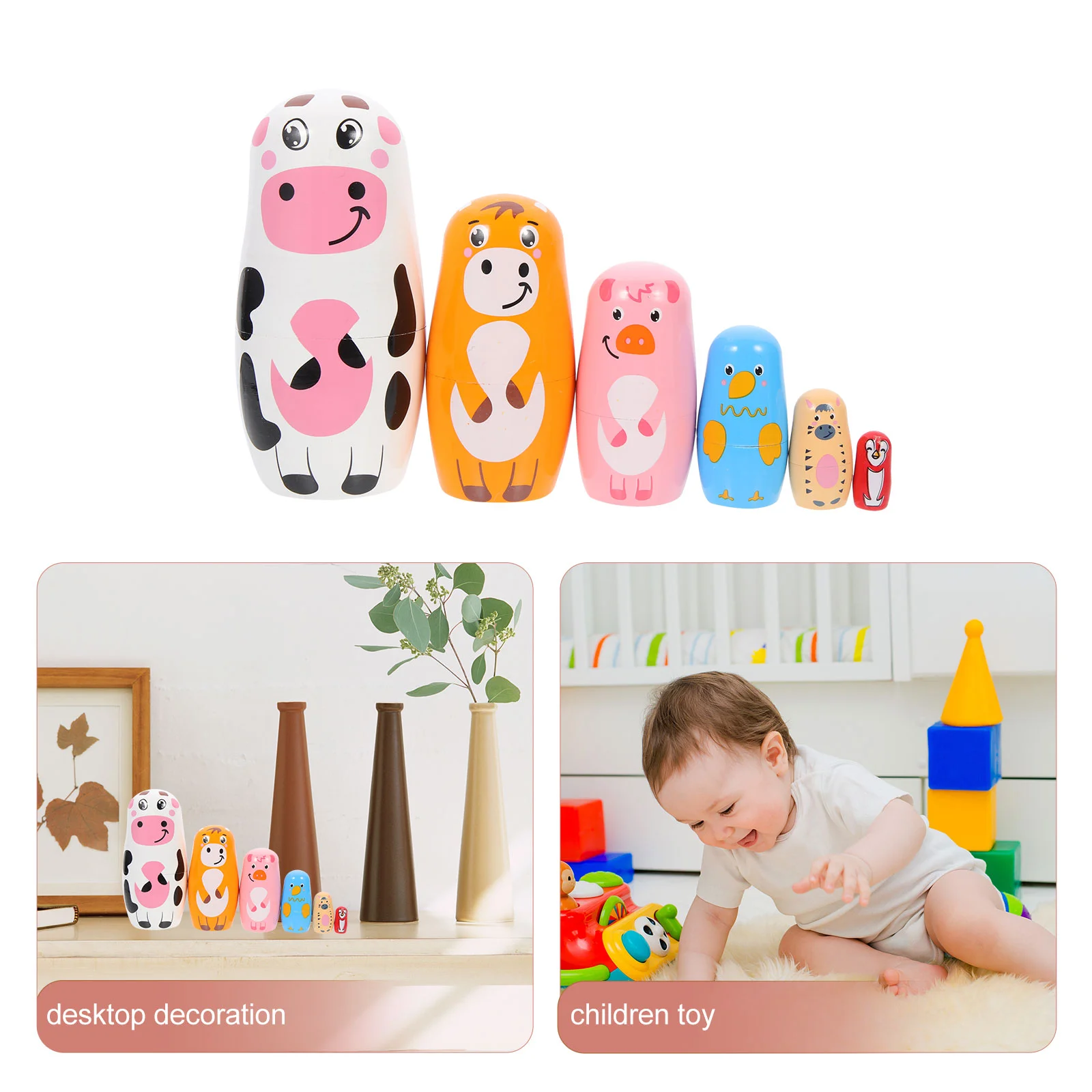 Multi Functional Cow Matryoshka Wooden Russian Nesting Toys Educational Tool Kids Birthday Gift Decorative Figure