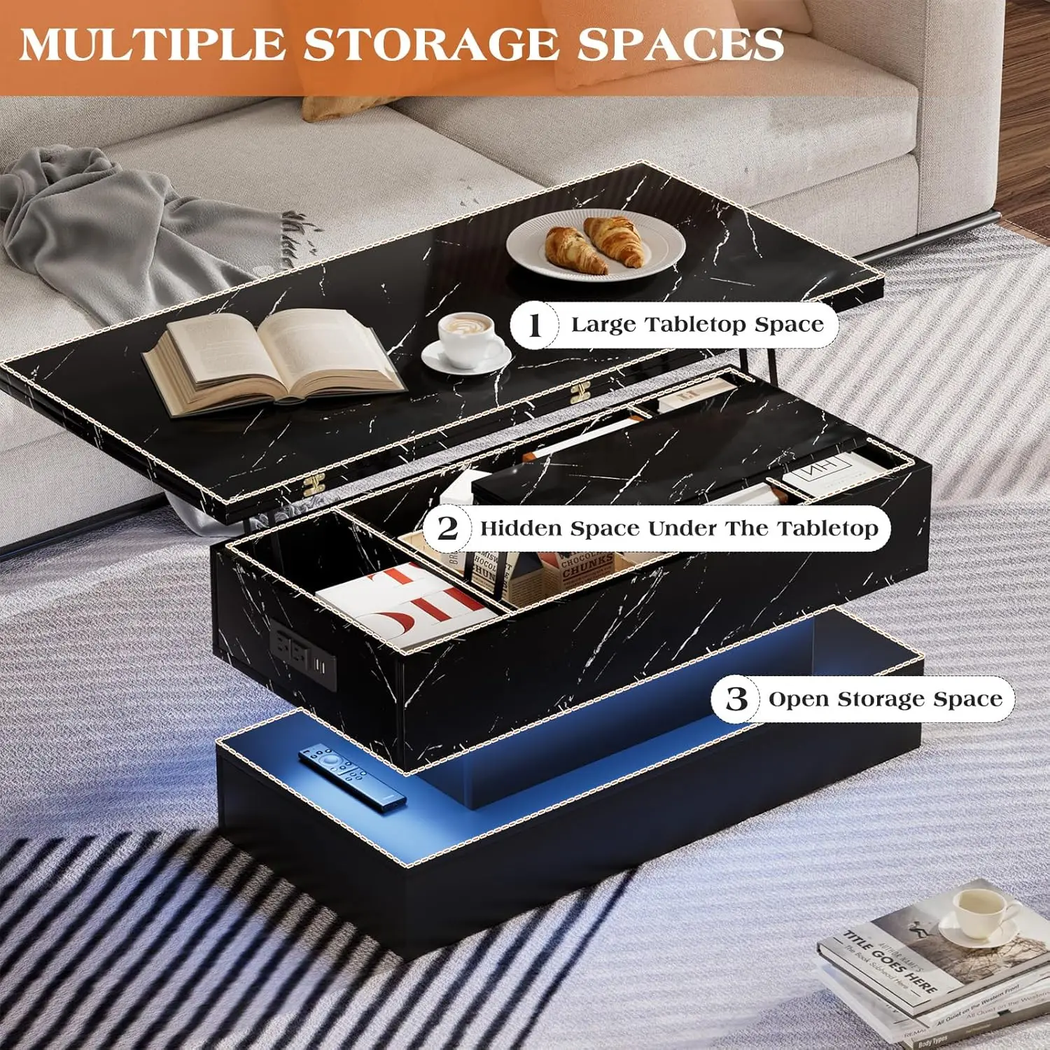 Modern High Glossy Center Table with LED Light, 3 in 1 Multifunctional Coffee Table with Storage & Hidden Compartments