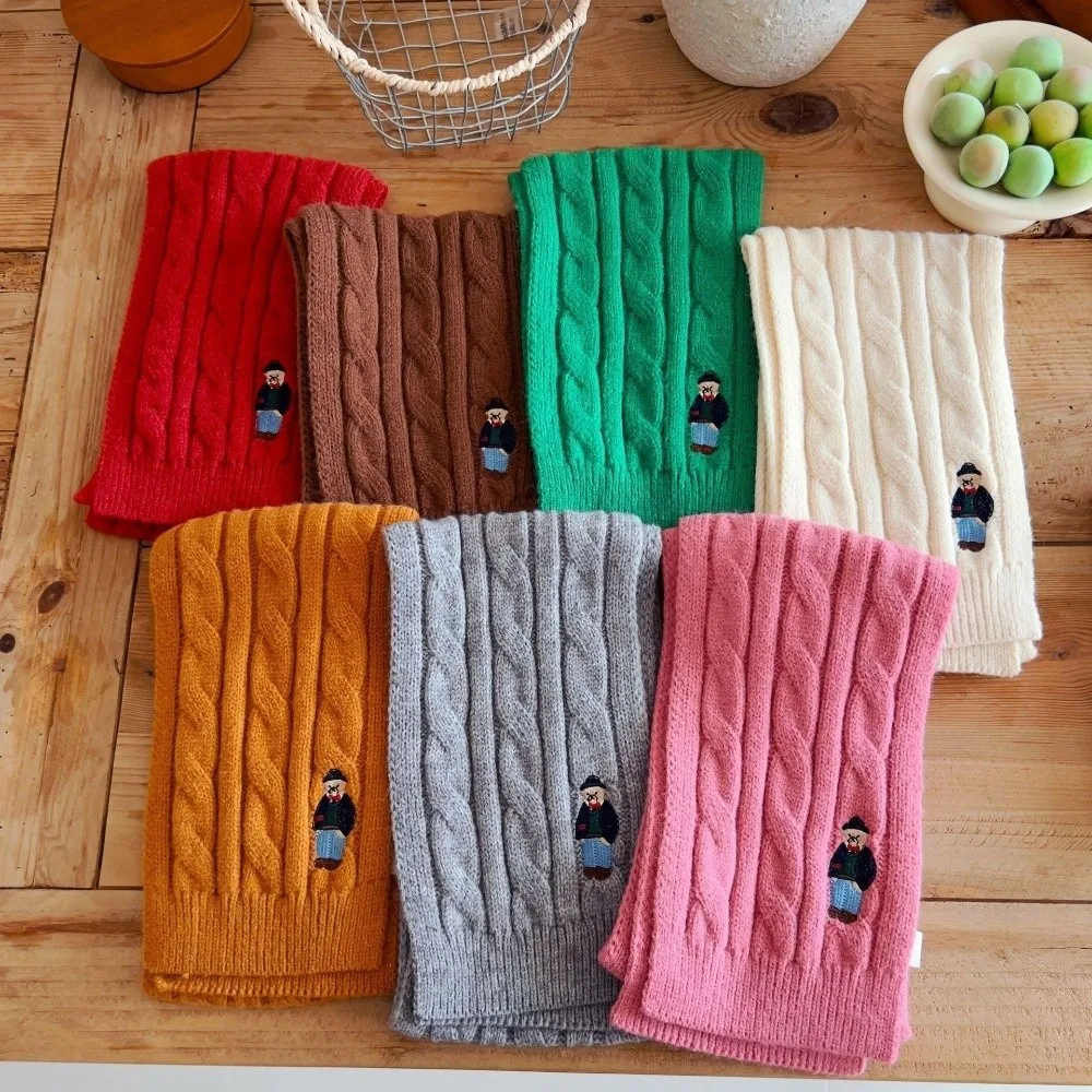 Fashionable Thicken Children's Knitted Scarf Solid Color Keep Warm Infant Neckwarmers Bear Embroidery Children's Winter Scarf