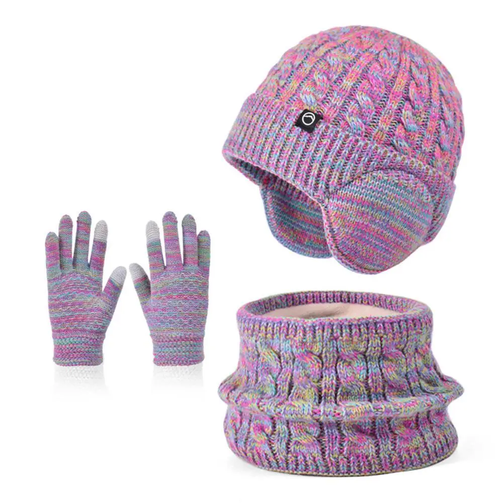 Fleece Lined Children's Hat Neck Scarf Gloves Set Winter Warm Kids Earflap Beanies Thick Ear Protection Skull Caps