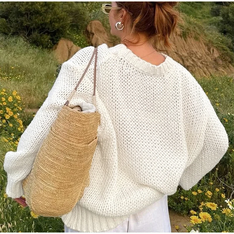 Casual Knitted Hollow Out O-neck Sweaters Women Loose Solid Long Sleeve Pullover Sweater Female Autumn Chic Elegant Street Tops
