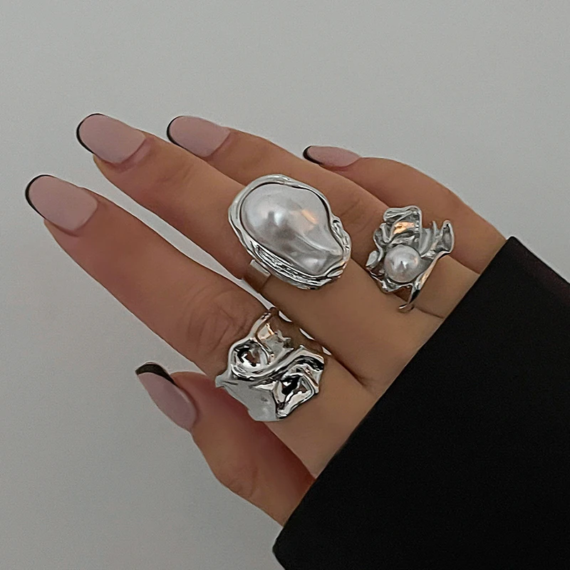 Metal Rings 3Pcs Irregular Pearl Open Rings Set for Women Exaggerated Vintage Metal Folds Thick Chunky Gold Silver Color Jewelry Gifts