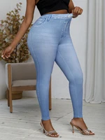Plus Size Faux Denim Printed Leggings with Fake Distressed Detail Comfortable Soft and Fashionable Knit High Stretch Sports Pan - Image 4