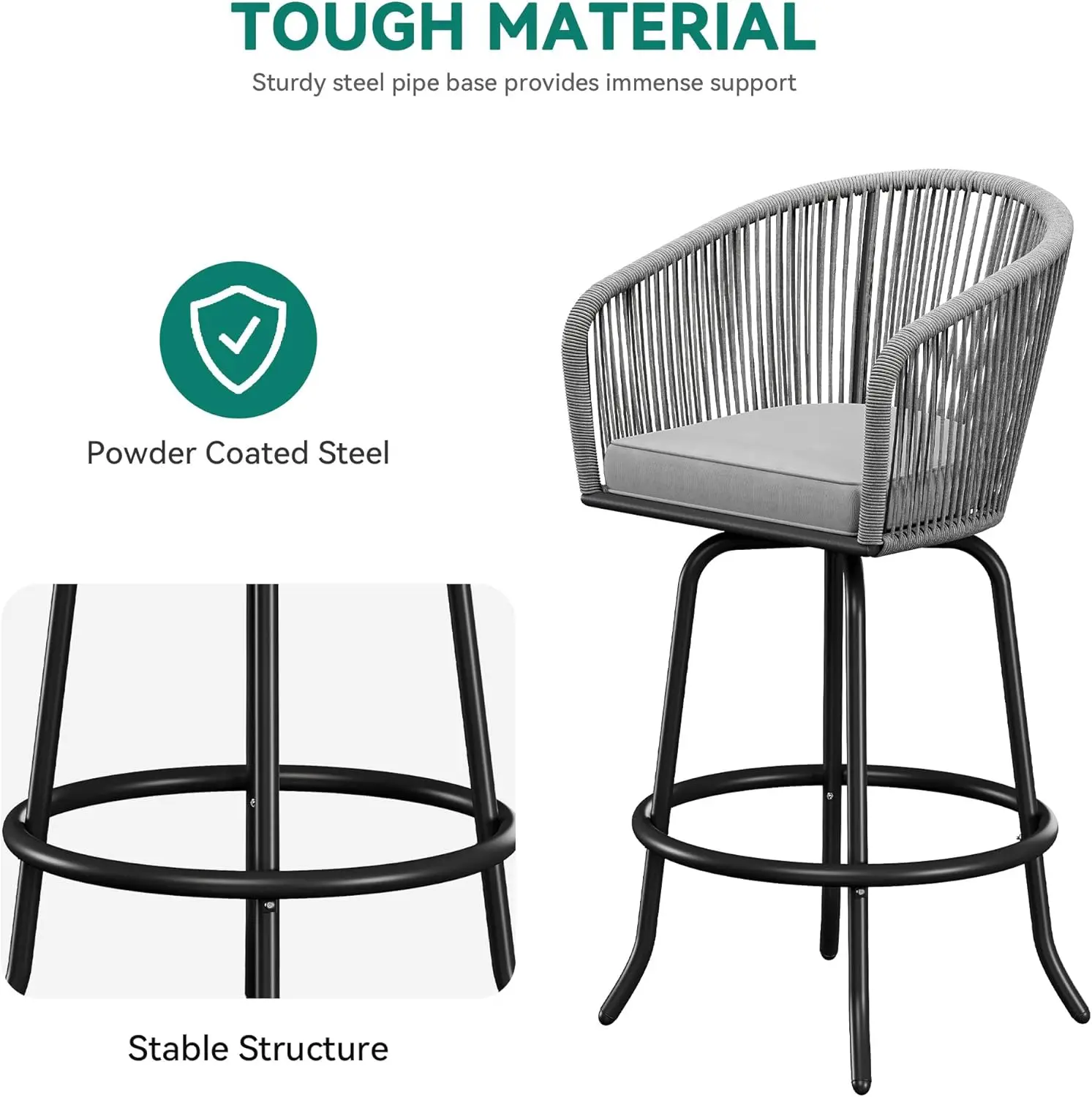 Counter Height Bar Stools Set of 2, Outdoor Bar Stools with Soft Cushions, Patio Rattan Swivel Bar Chairs