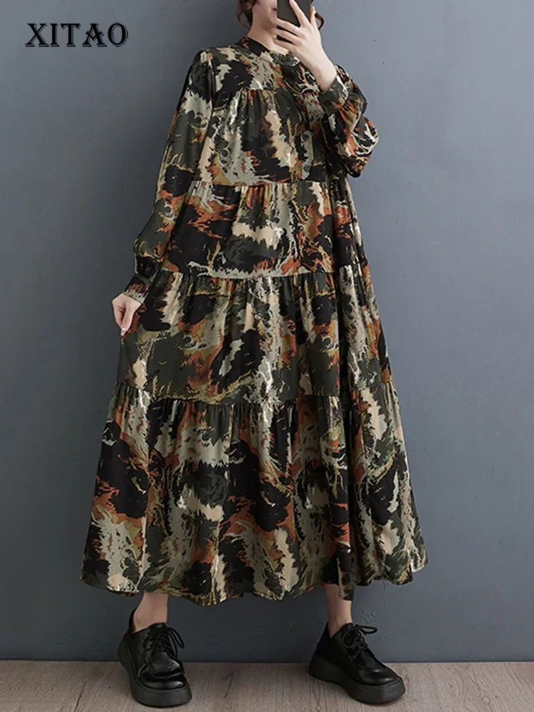 

XITAO, винтажное платье-рубашка с воротником-стойкой и принтом, Свободный Повседневный пуловер с длинными рукавами, женское платье, новинка 2023, HQQ2062