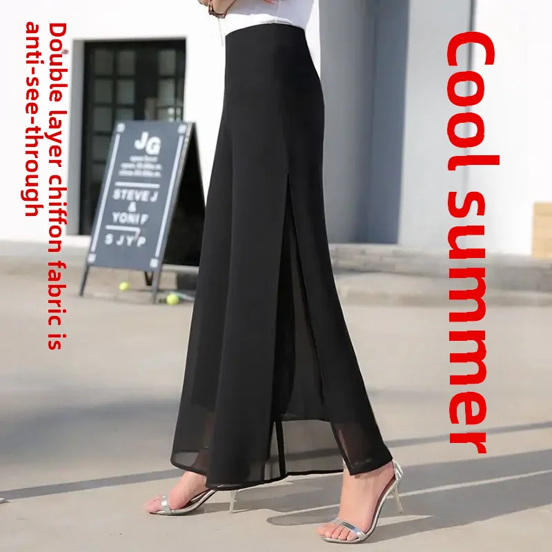 Pantalones De Verano Para Mujer - Gasa Ligera, Cintura Elástica Alta, Corte Recto Acampanado, Color Negro A Cuadros