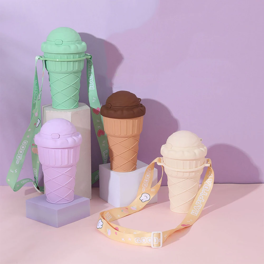 Kawaii Ice Cream Shape Drinking Water Bottle with Straw Kids Plastic Travel Juice Milk Cup Portable Shaker Drink Bottle 500ML