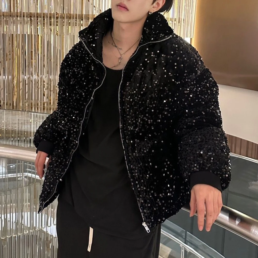 Mens sequin casual jacket genderless 2024 new autumn winter fashion personality street trend youth thickened jacket unisex