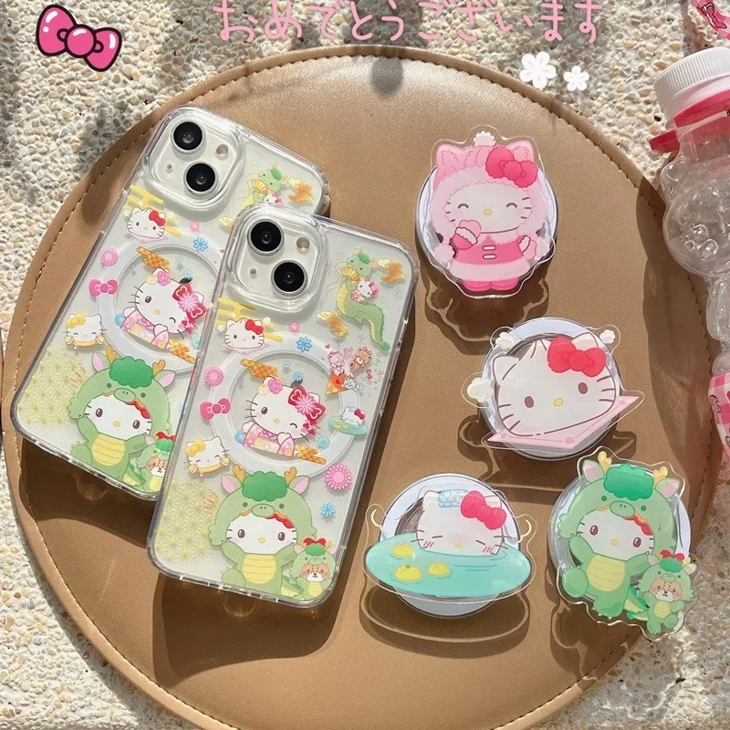 

Lovely Sanrio Hello Kitty Phone Case IPhone15/14promax Cover Cute Acrylic Transparent Magnetic Shell for Iphone 12/13 14 15 Pro