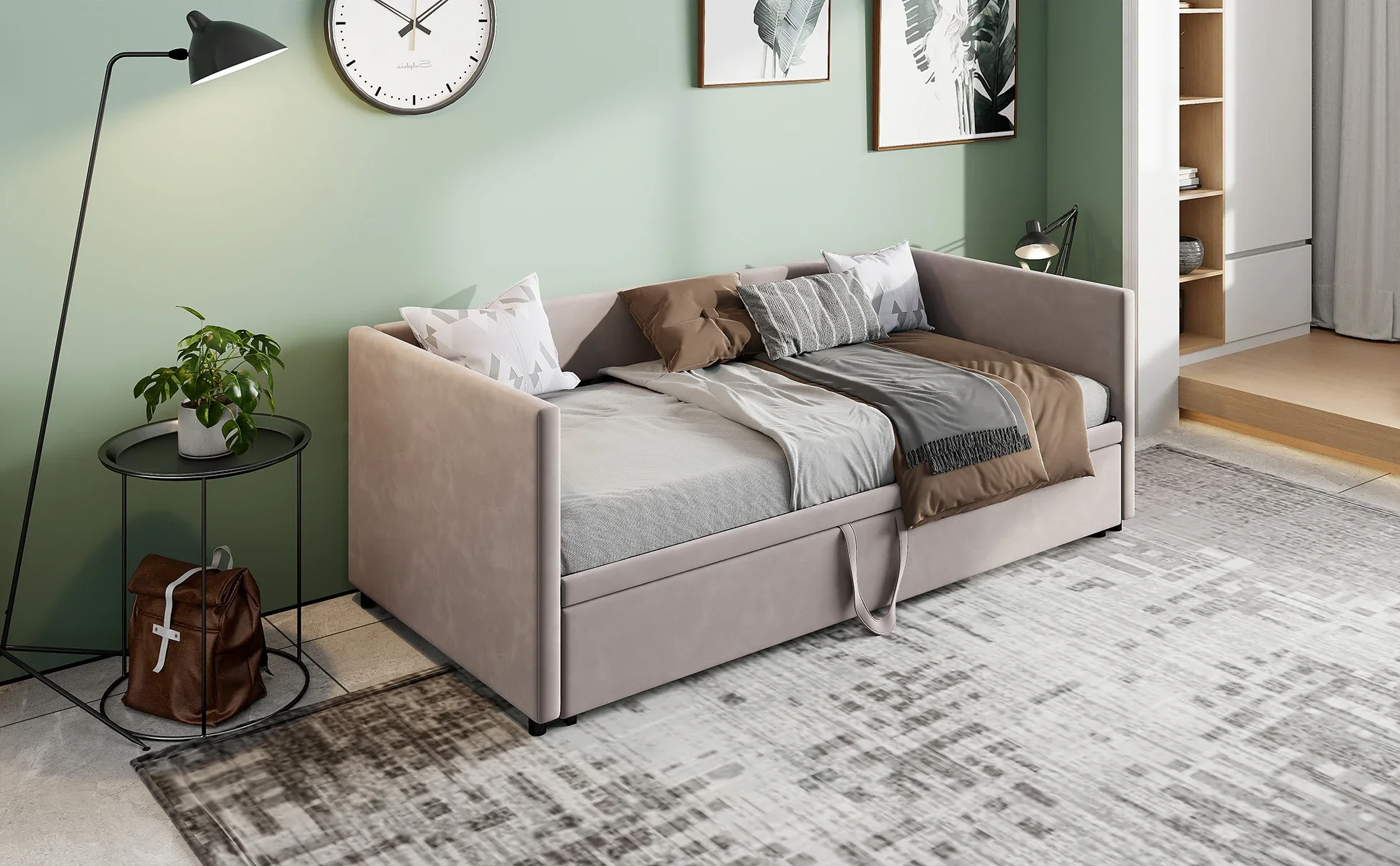 Comanlai Ausziehbares Schlafsofa mit Lattenrost, 90 x 200 cm großes Sofa, einziehbares, zusammenklappbares Bett bis 180 x 200 cm, Samtstoff, Grau/Beige – Detail 6