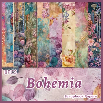 8 fogli di carta per album di ritagli estetica della Boemia per la creazione di biglietti per diari spazzatura, carta artigianale, fiori fantasia, forniture per scrapbooking