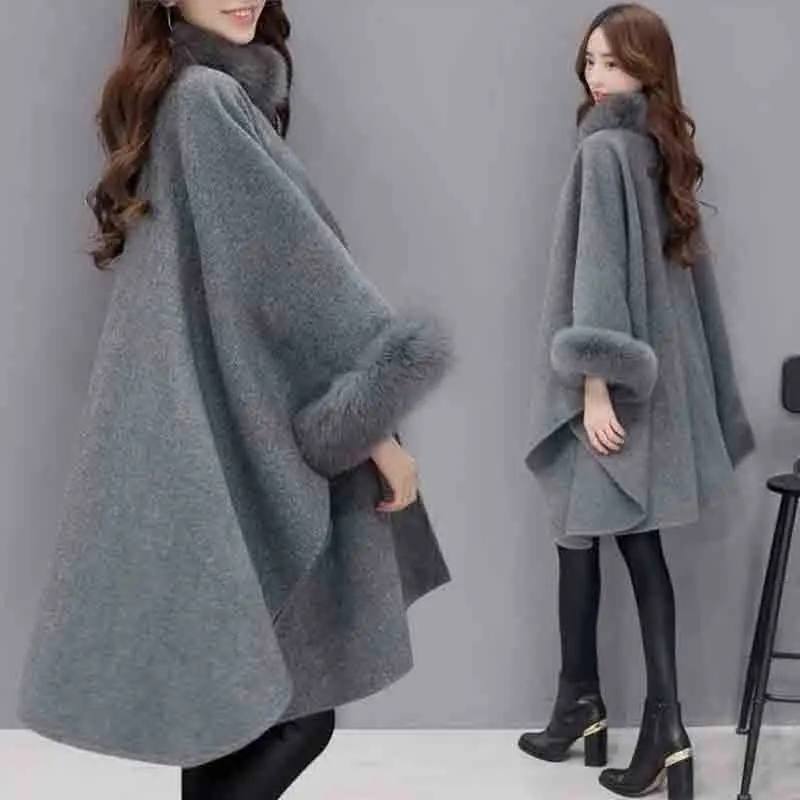 

Fashion Women Clothing Cloak Anti-fox Fur Woolen Coat Autumn Winter Oversized Thicken Solid Bat Sleeve Casual Long Wool Jackets