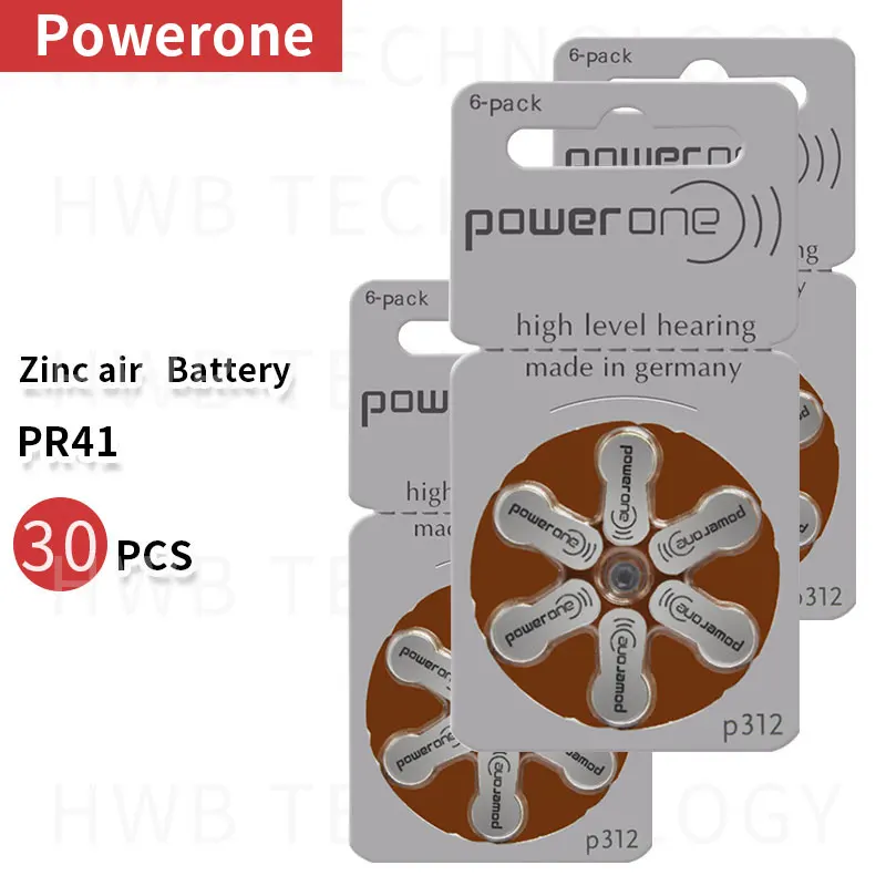 5pack(30pcs) Powerone 60 Zinc Air Batteries Size 312 P312 Pr41 For