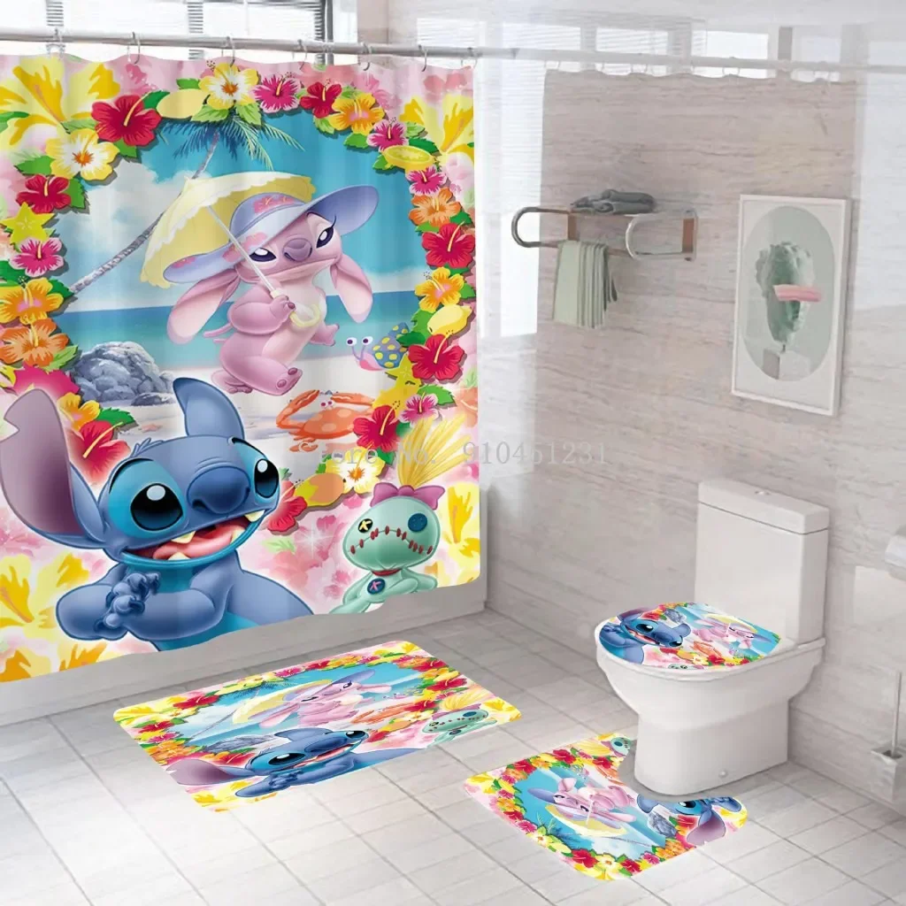 Disney 3D Lilo Stitch Bathroom Shower Curtain Waterproof Curtains Bathroom Hook Set Soft Bath Mat Toilet Carpet Rugs