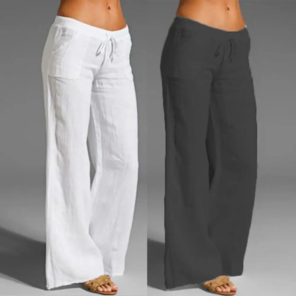 

Fashion Women Pants Casual Mid Rise Solid Color Comfy Wide Leg Long All Match Drawstring Elastic Waist Slacks Bottoms For Work