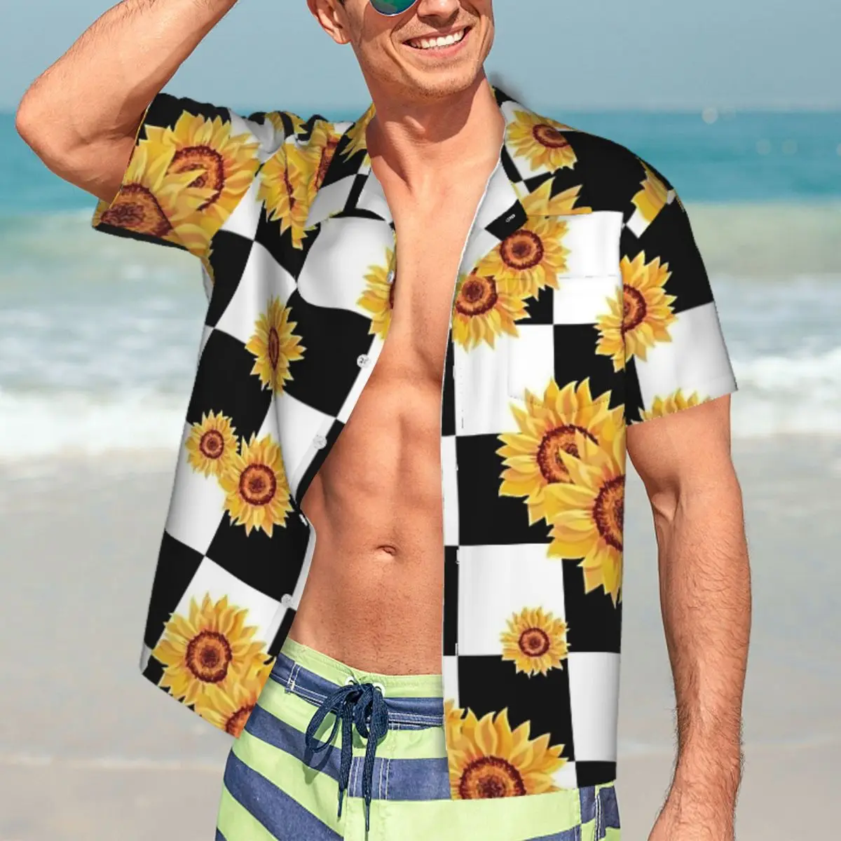 

Sunflower Beach Shirt Male Checkerboard Casual Shirts Hawaii Short Sleeve Custom DIY Loose Oversized Blouses Birthday Present