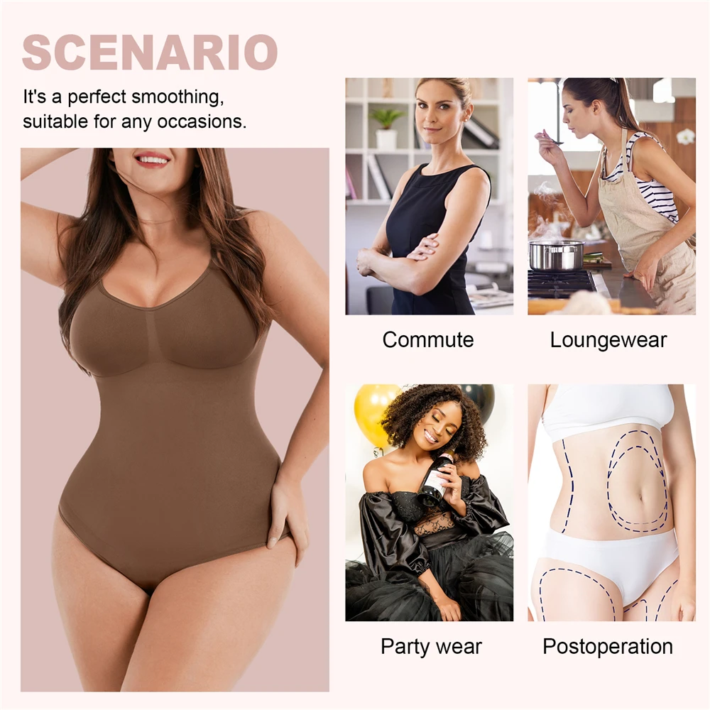 Shapewear Bodysuit Thong Shaper For Women Waist Trainer Body Shaper Deep V  Neck Slimming Underwear Built-in Bra Camisoles Tops