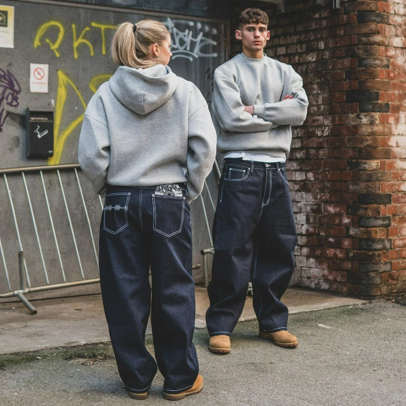 Vintage Black Denim Jeans Trendy Disc Embroidery Men And Women Wide Leg Pants Hip Hop Harajuku Streetwear Casual Baggy Jeans 6