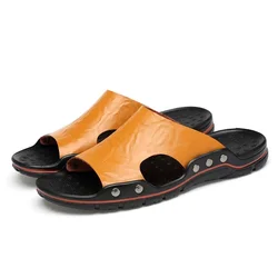 Men's Black PU Leather Summer Sandals - Lightweight and Comfortable Slides - 45 (Yellow brown)
