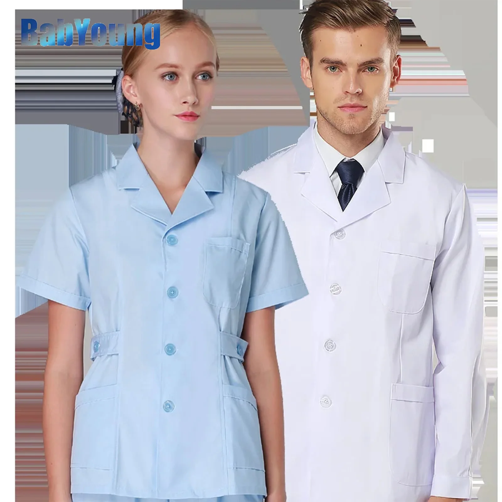 

Short Lab Coat Scrub Top Women Men Notch Collar White Blue Tunic Nurse Doctor Work Wear Polyester Cotton Poplin XK016