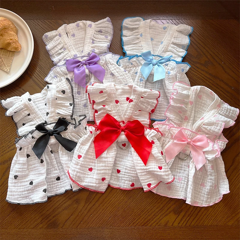 Thin Dog Cooling Dress Puppy Summer Clothes Bow Heart Print Pet Skirt Kitten Dog Costume Chihuahua Bichon Yorkie Girls