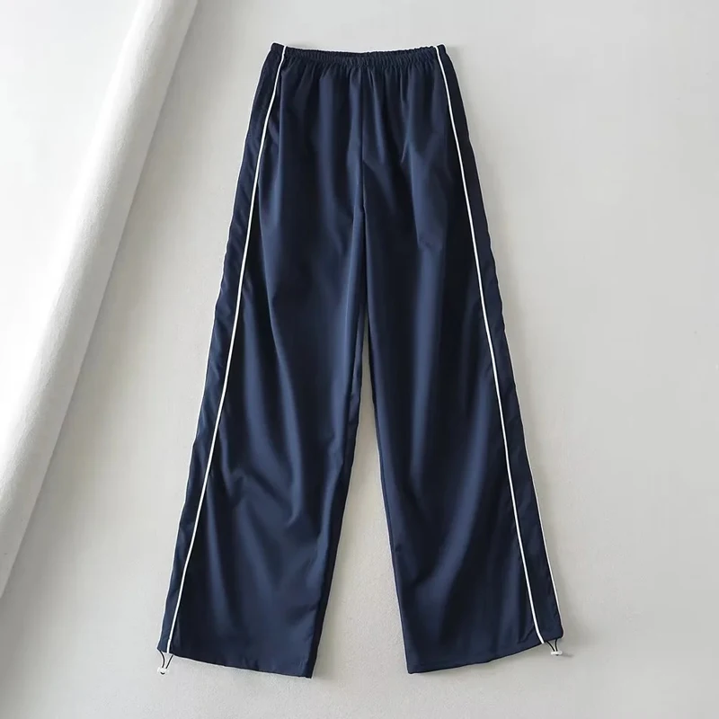 Woman Satin Side Stripes Loose Drawstring Long Cargo Trousers Hip Hop Sweatpants