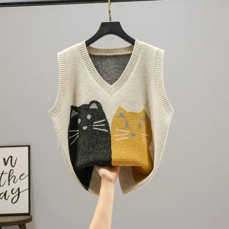 

Autumn Top Women's 2023 Korean Loose V-Neck Knit Tank Top Bottom Vest Pullover Sweater Jacket Jacquard